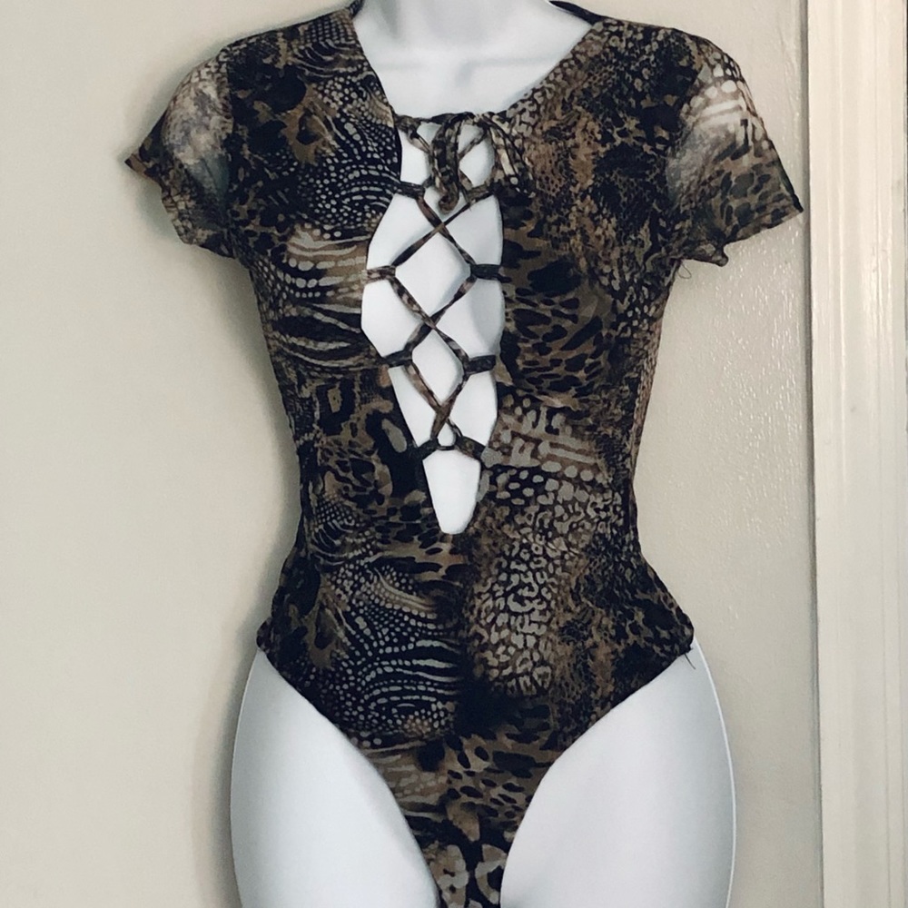 Animal Print Lace Up Bodysuit